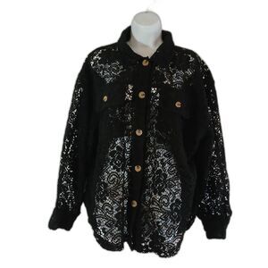 Bibi Black Cardigan Crochet Open Knit Oversized Button Up  Sz M Casual Office...